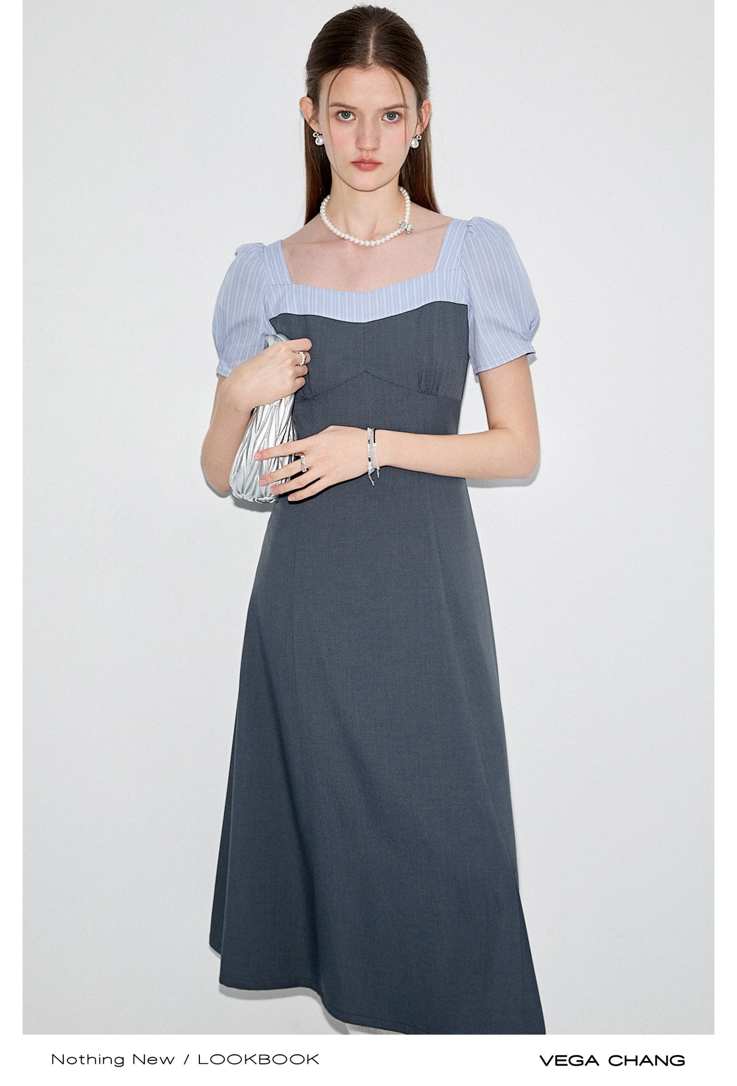 2-Style Gray Faux Layered Dress With Striped Blouse