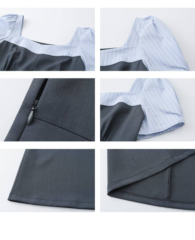 2-Style Gray Faux Layered Dress With Striped Blouse