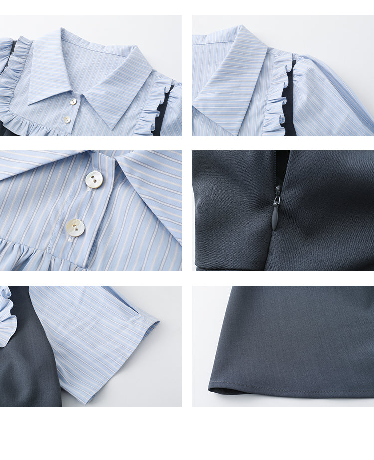 2-Style Gray Faux Layered Dress With Striped Blouse