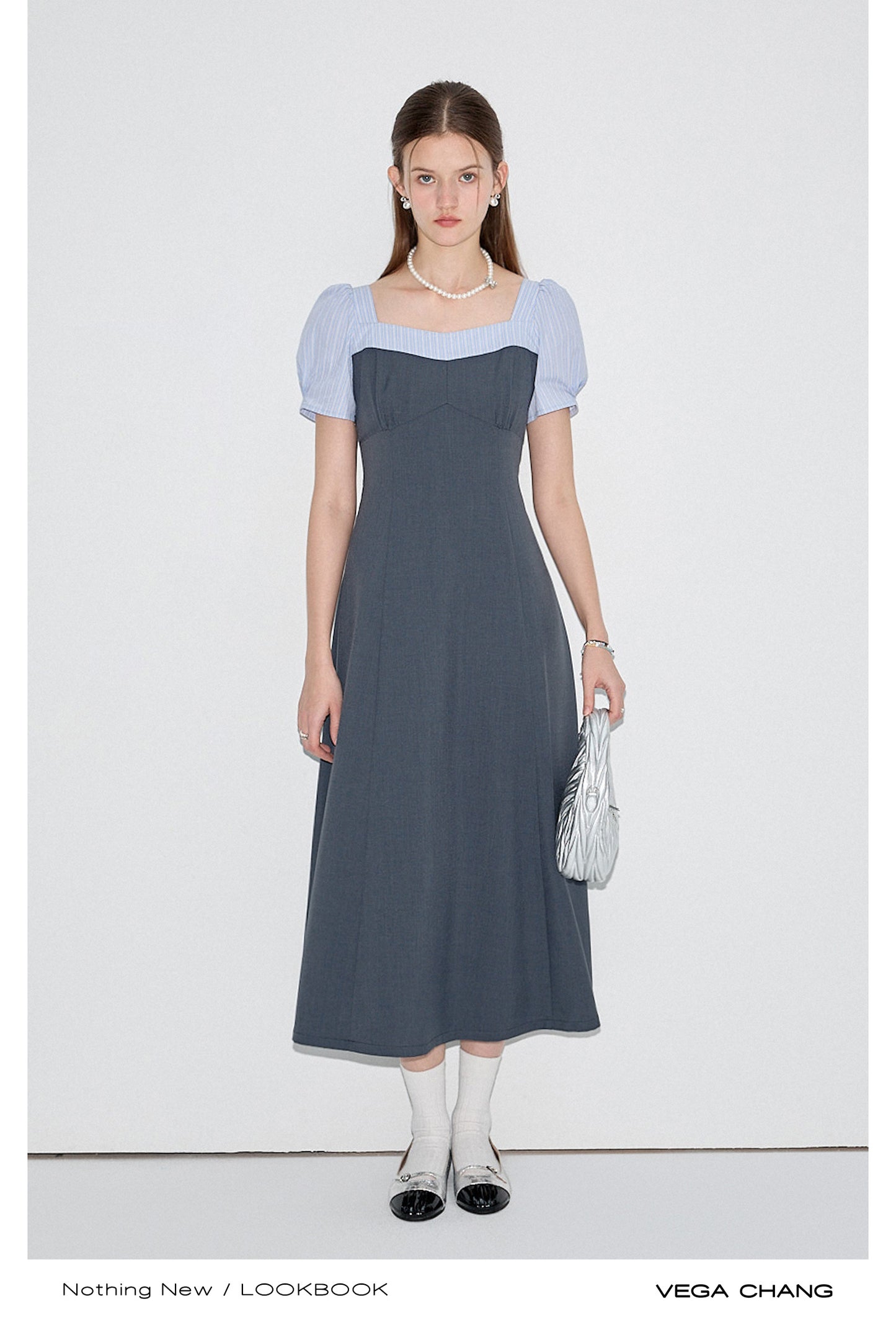 2-Style Gray Faux Layered Dress With Striped Blouse