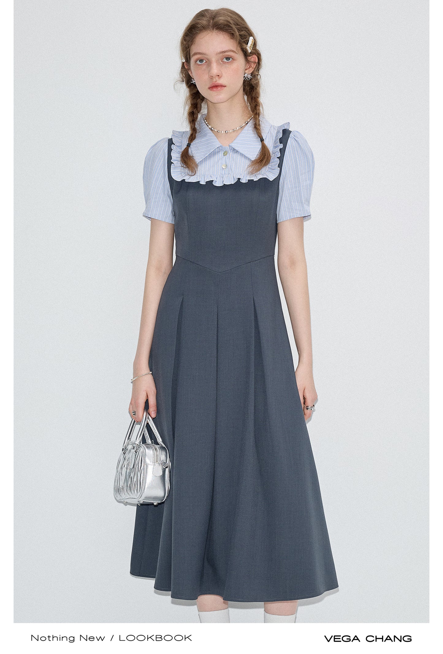 2-Style Gray Faux Layered Dress With Striped Blouse