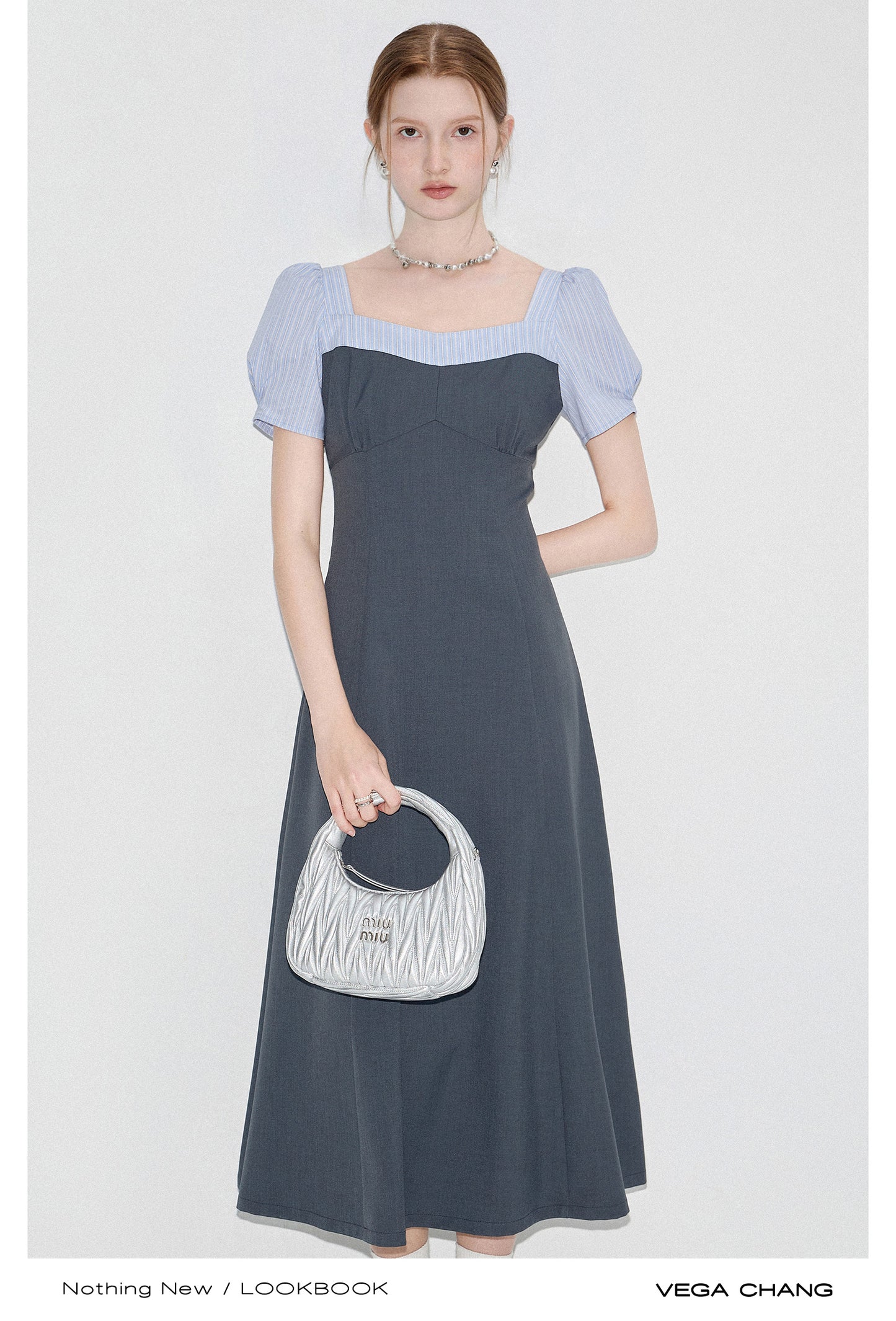 2-Style Gray Faux Layered Dress With Striped Blouse