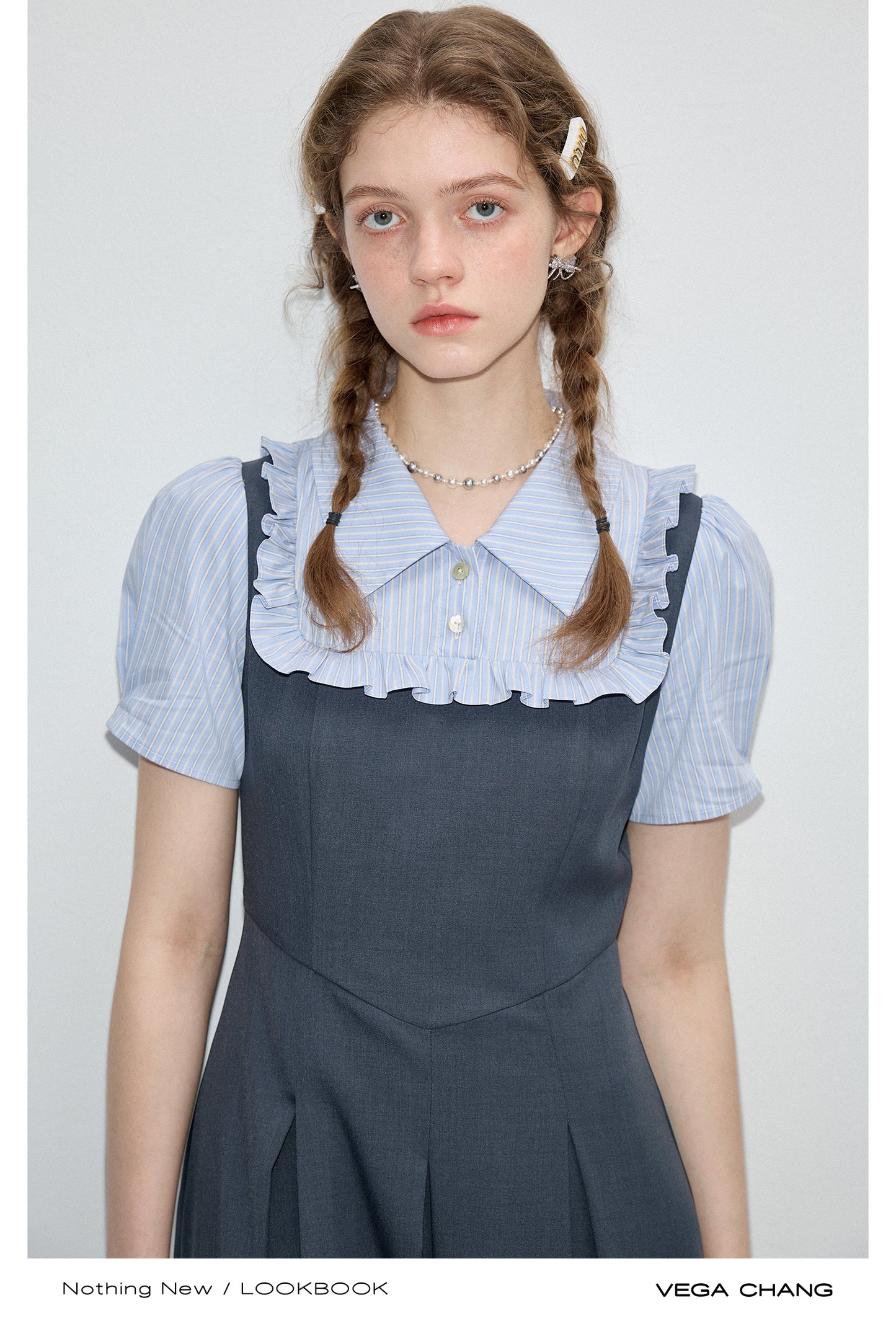 2-Style Gray Faux Layered Dress With Striped Blouse