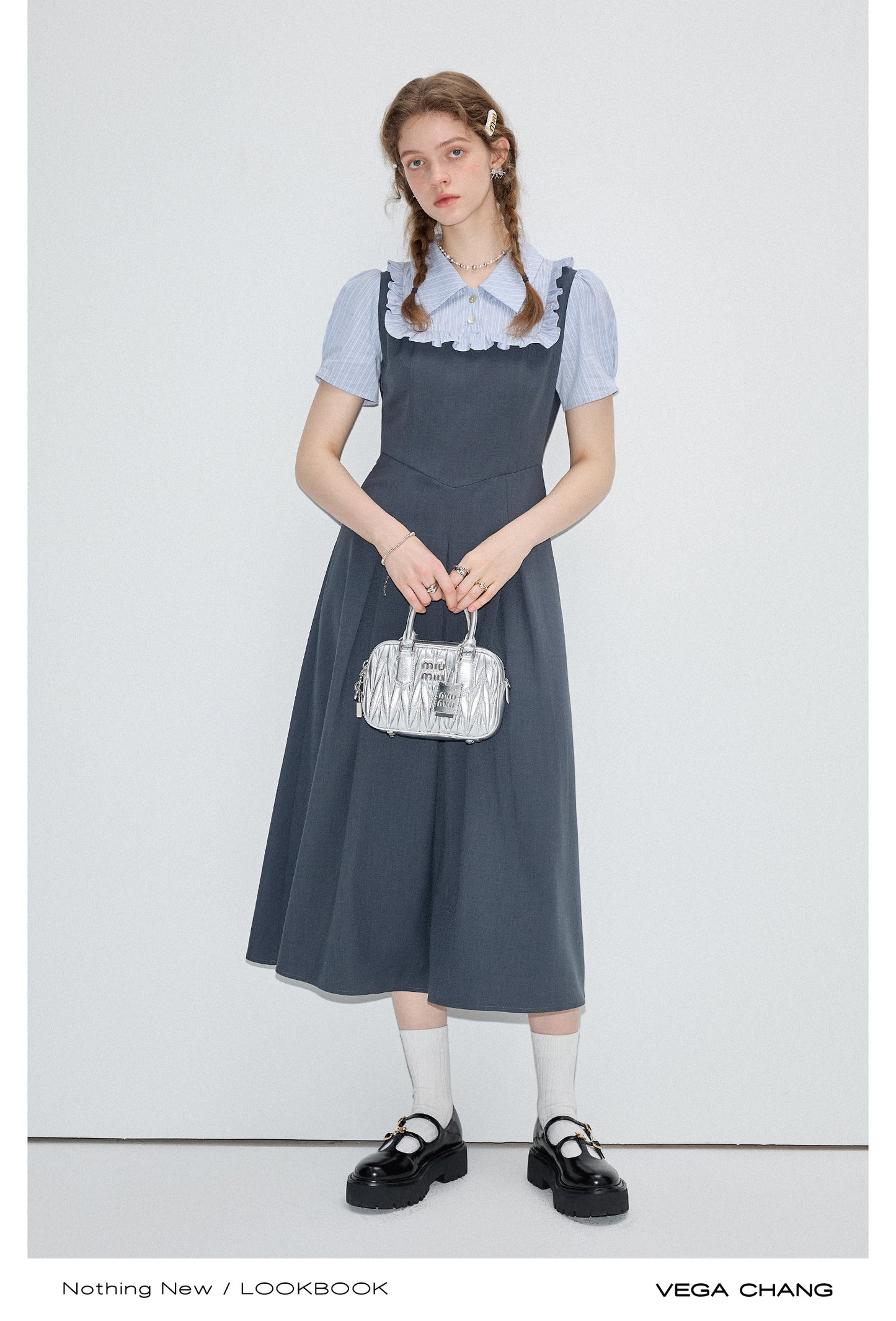 2-Style Gray Faux Layered Dress With Striped Blouse