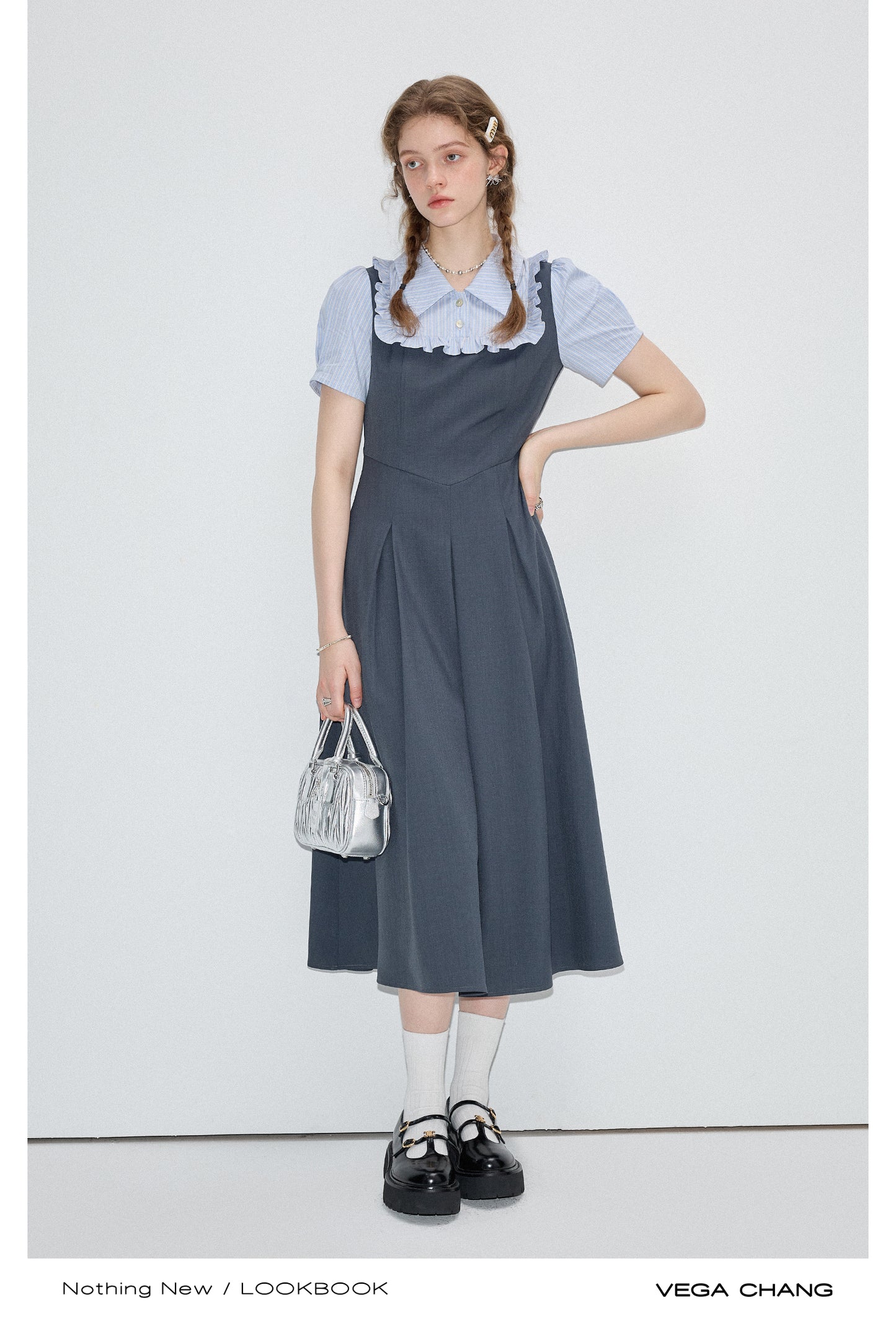 2-Style Gray Faux Layered Dress With Striped Blouse