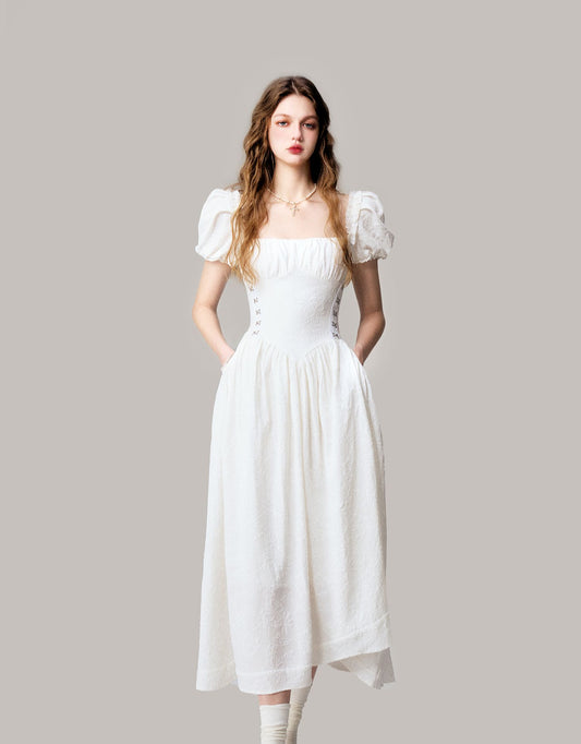 Floral Jacquard Puff Sleeve Corset Waist Dress