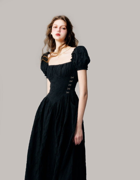 Floral Jacquard Puff Sleeve Corset Waist Dress