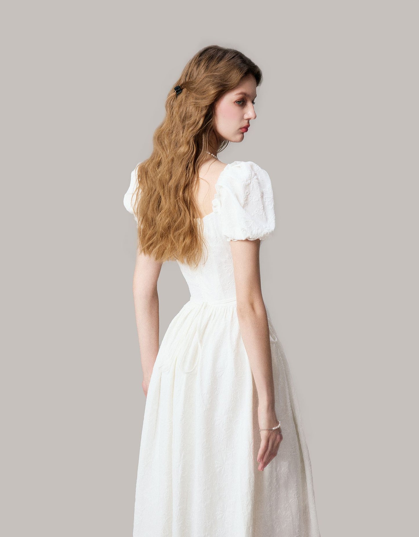 Floral Jacquard Puff Sleeve Corset Waist Dress