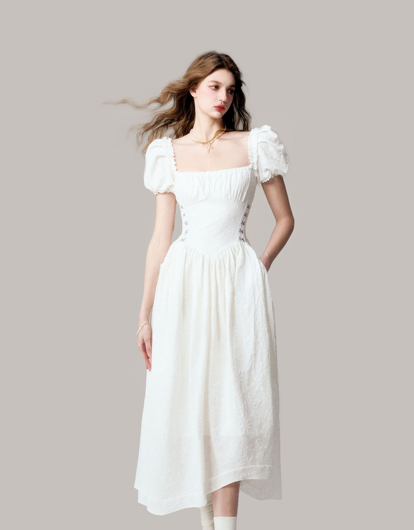 Floral Jacquard Puff Sleeve Corset Waist Dress