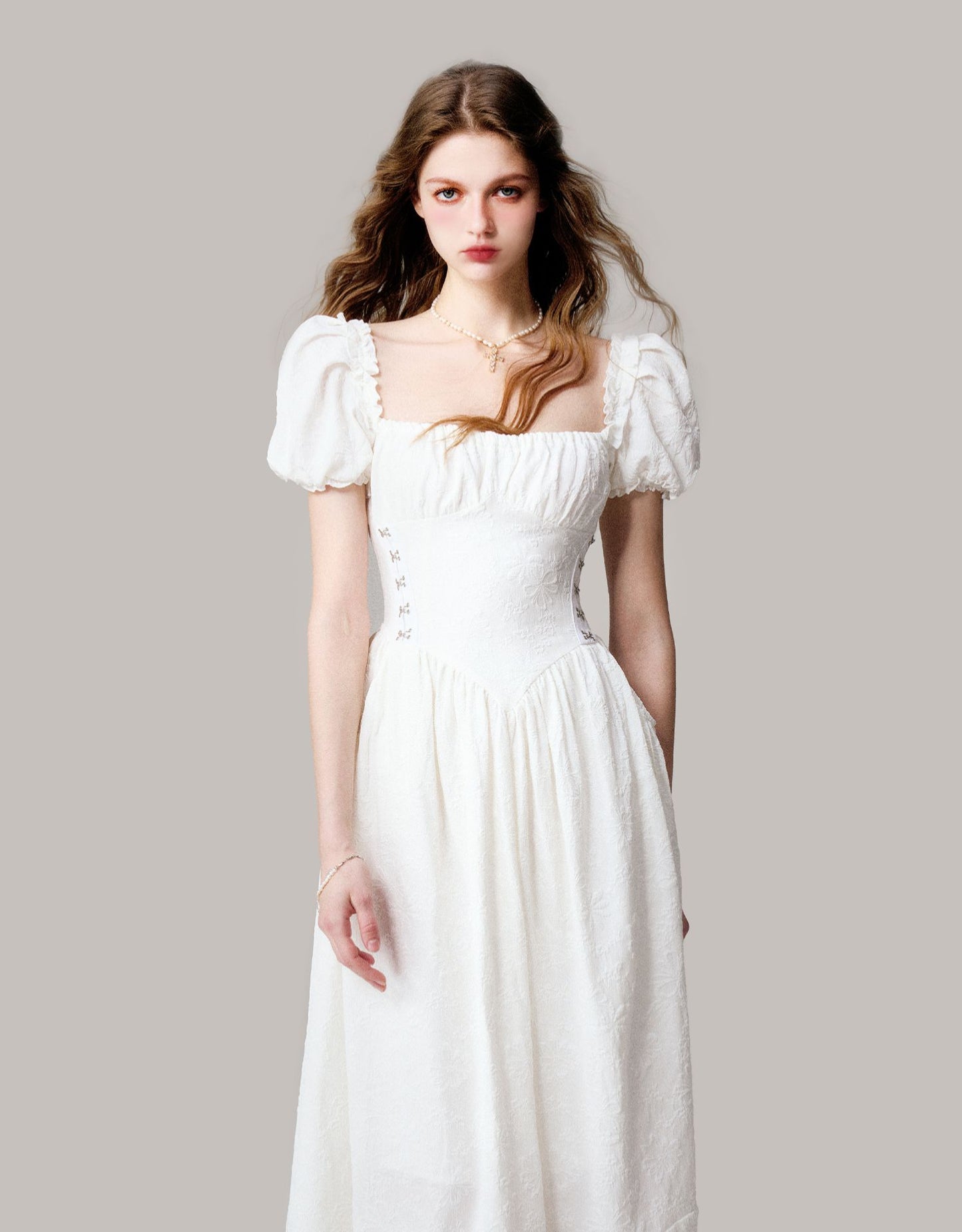 Floral Jacquard Puff Sleeve Corset Waist Dress