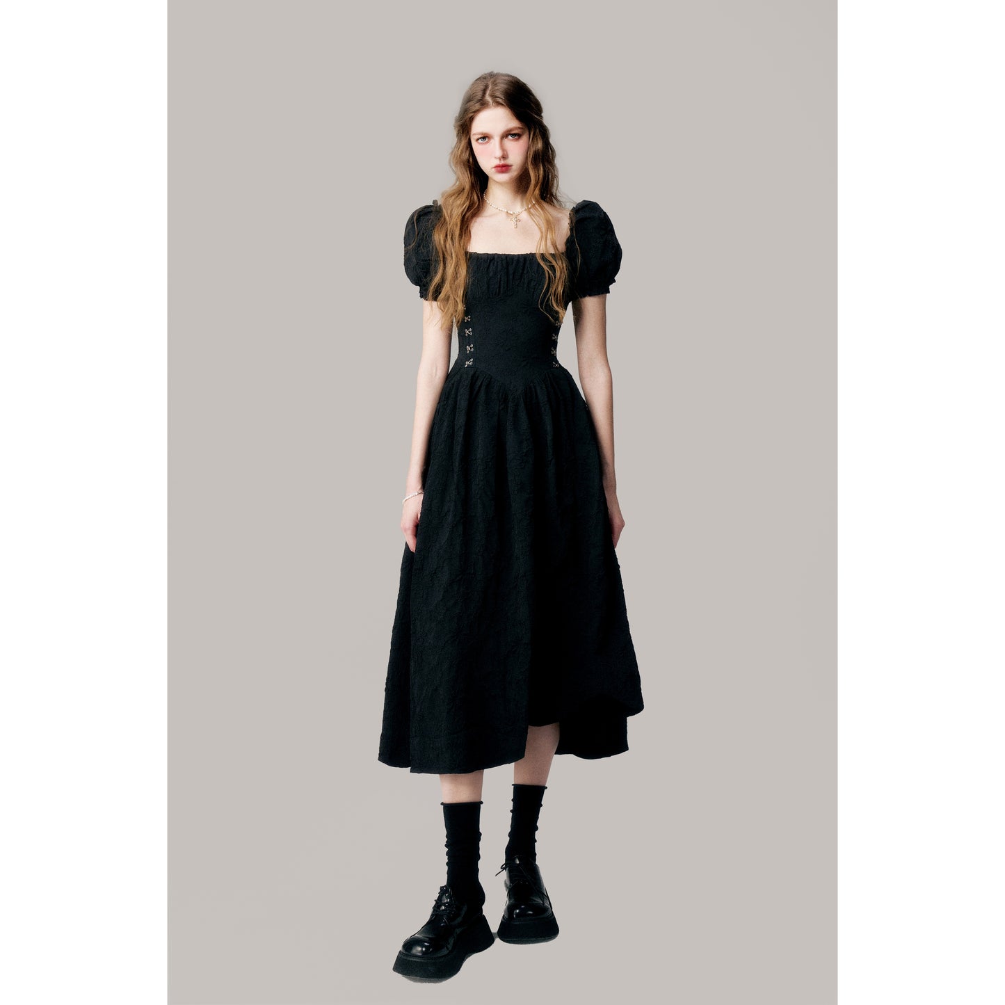 Floral Jacquard Puff Sleeve Corset Waist Dress