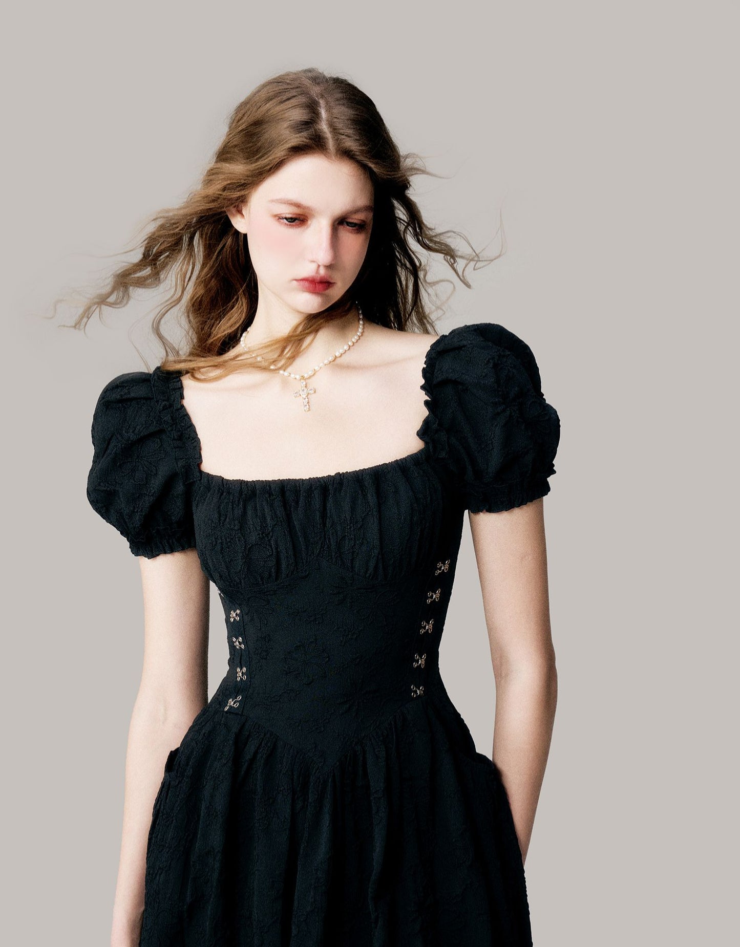 Floral Jacquard Puff Sleeve Corset Waist Dress