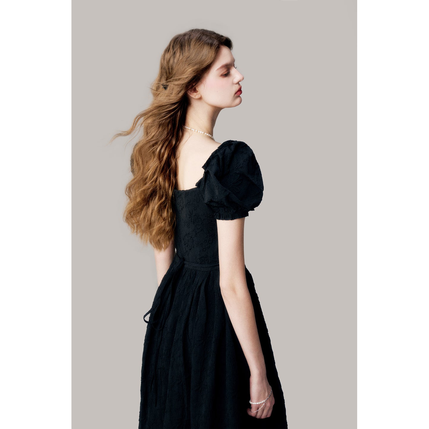 Floral Jacquard Puff Sleeve Corset Waist Dress