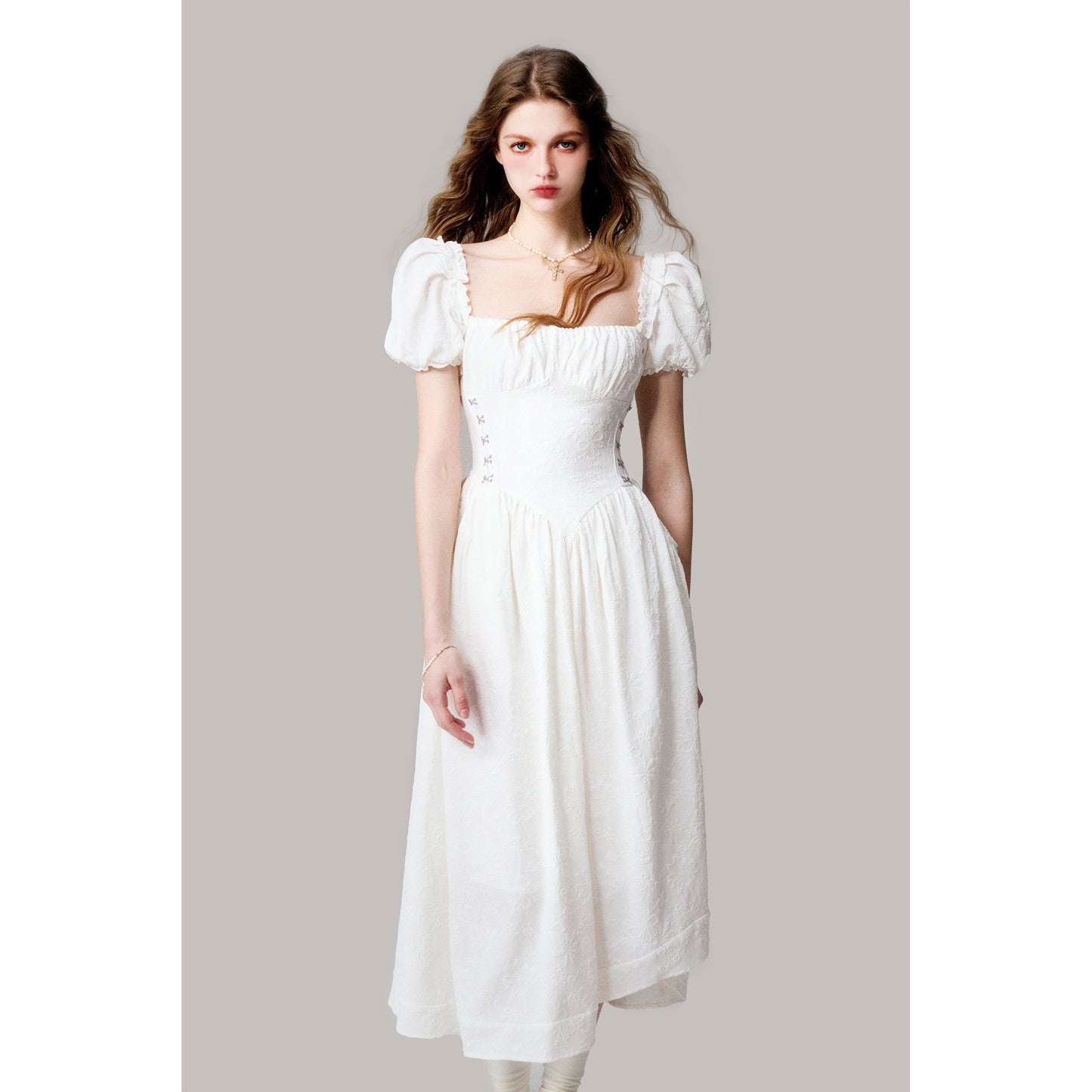 Floral Jacquard Puff Sleeve Corset Waist Dress