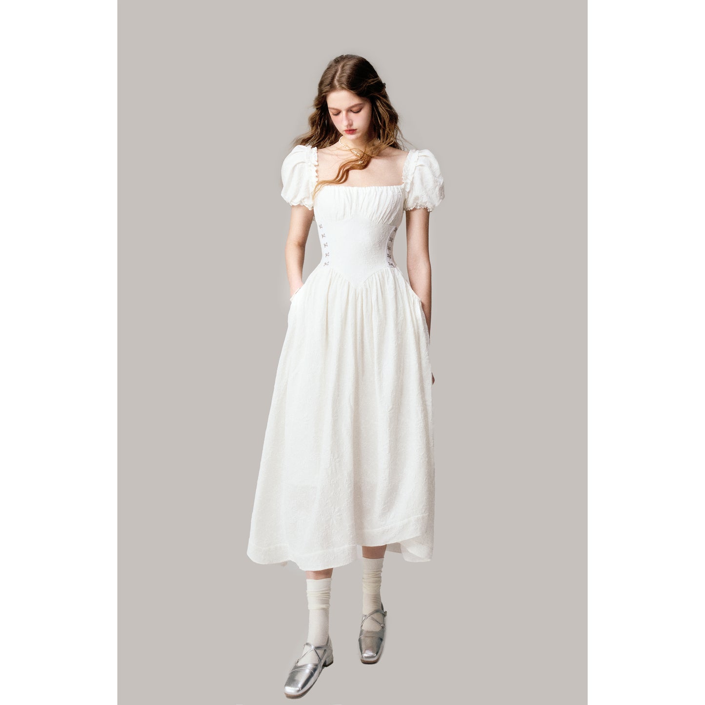 Floral Jacquard Puff Sleeve Corset Waist Dress