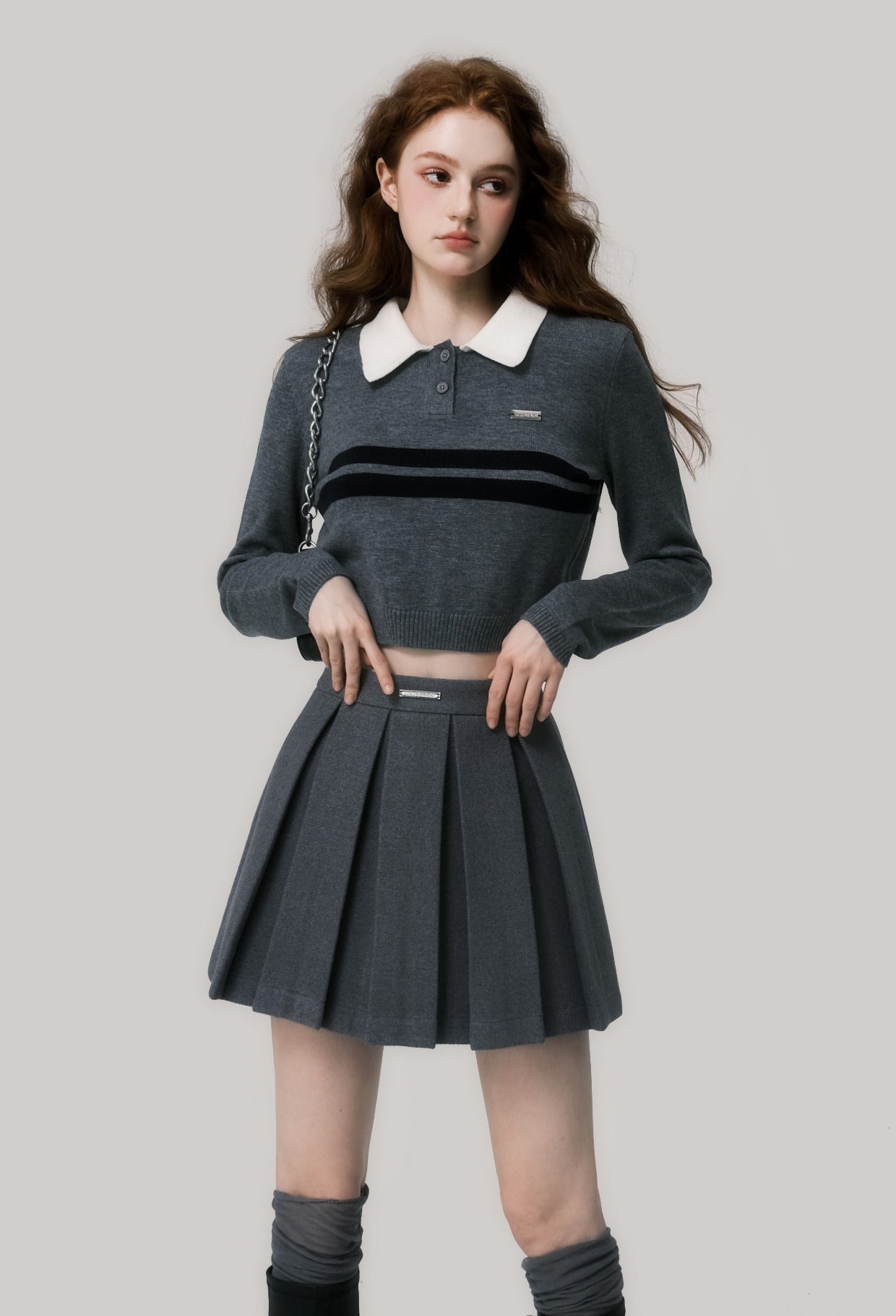 College Style Striped Cropped Polo Sweater