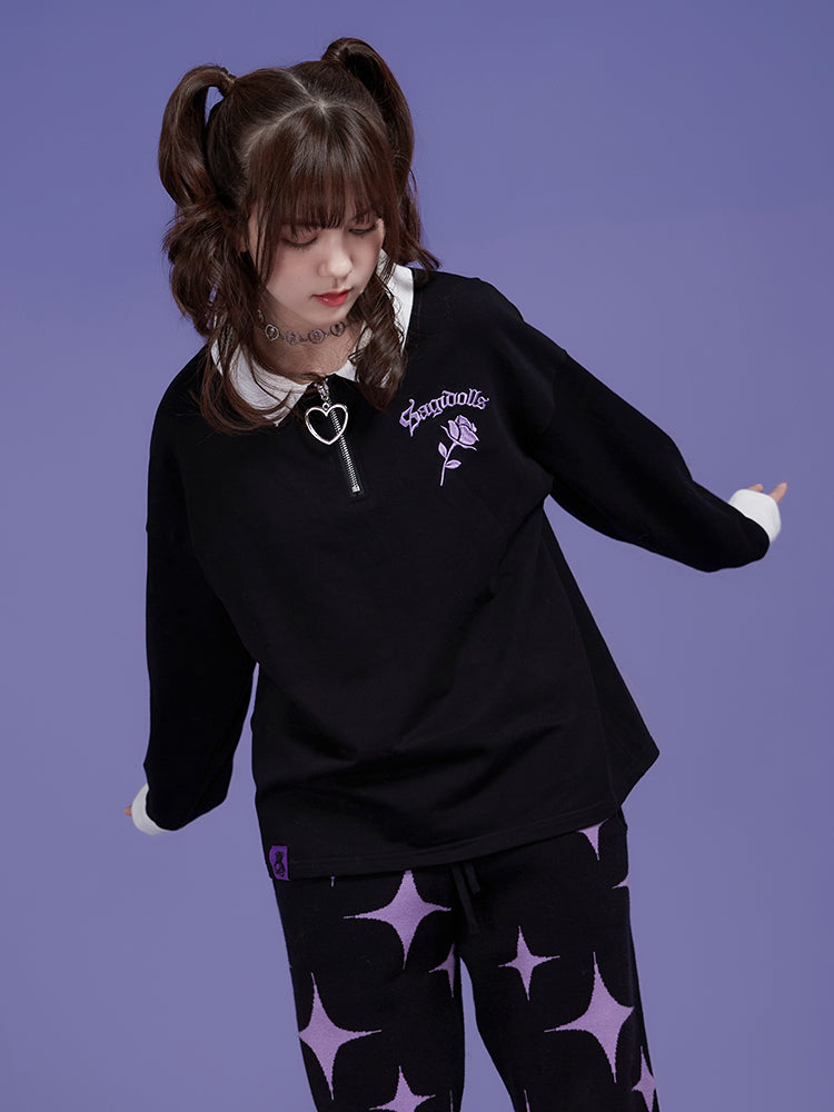 Gothic Rose-Embroidered Half-Zip Pullover