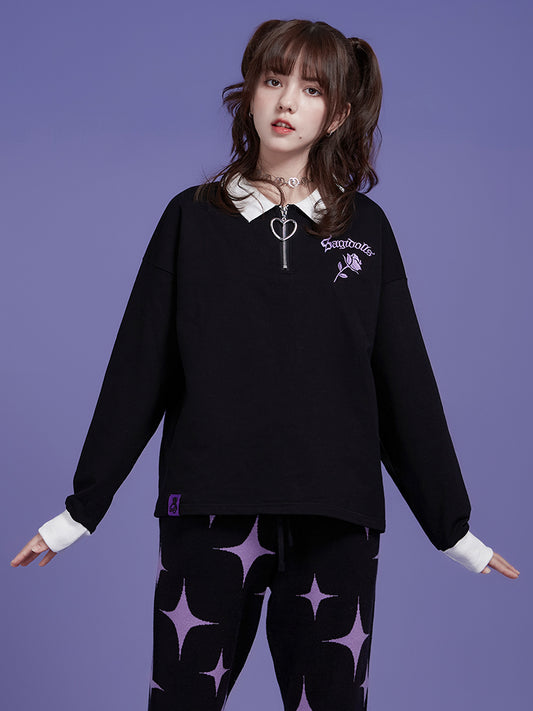 Gothic Rose-Embroidered Half-Zip Pullover
