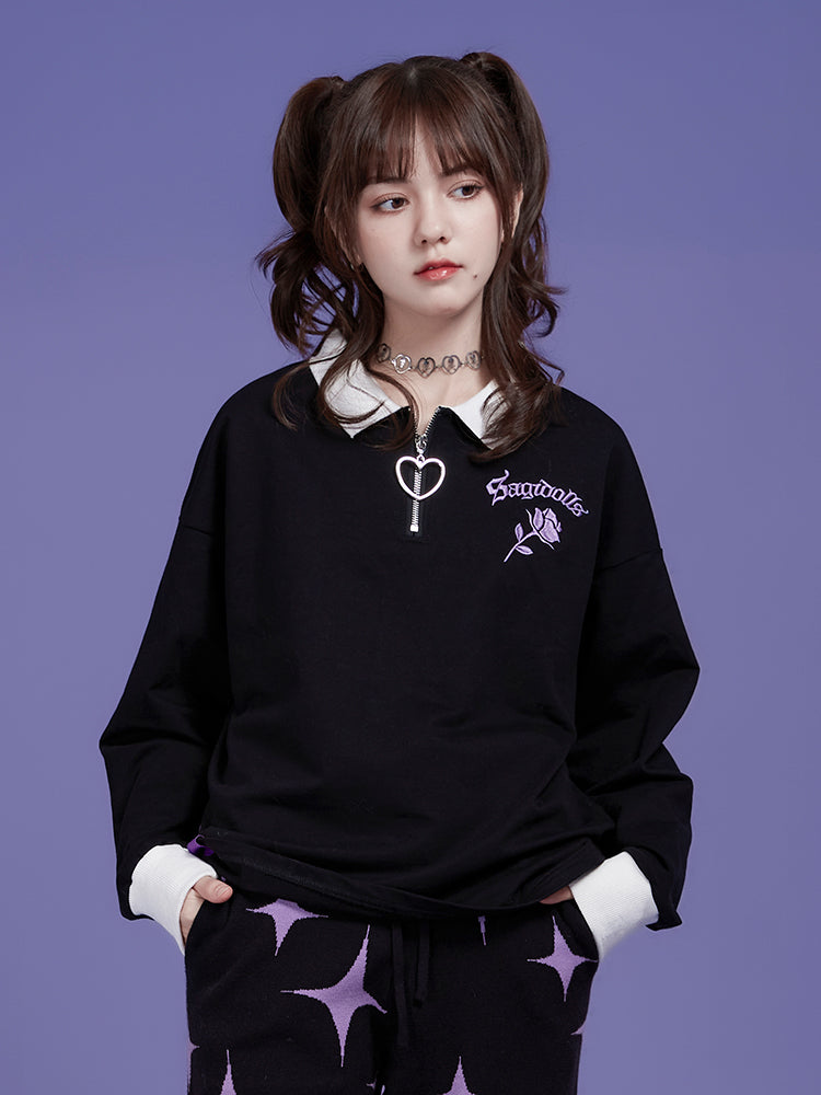 Gothic Rose-Embroidered Half-Zip Pullover