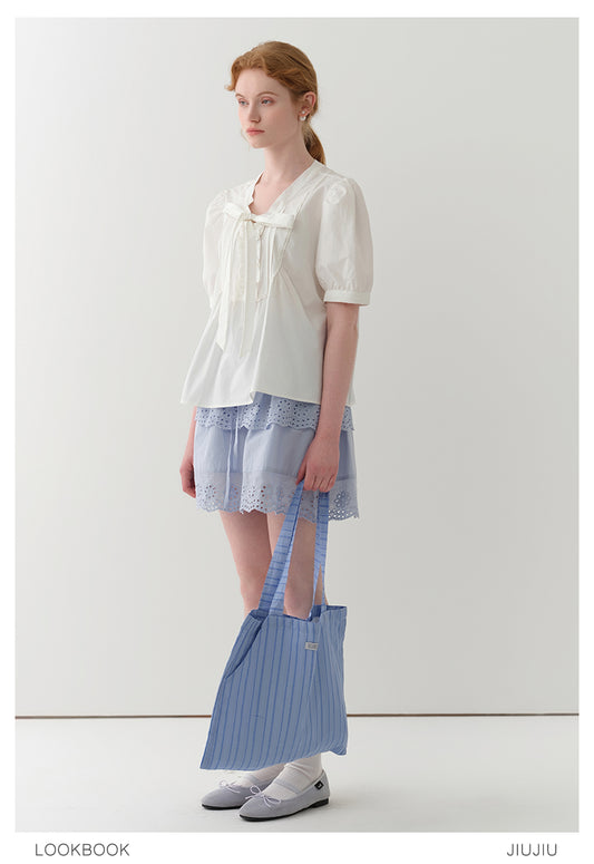 Puff-Sleeve Tie-Neck Pintuck Blouse