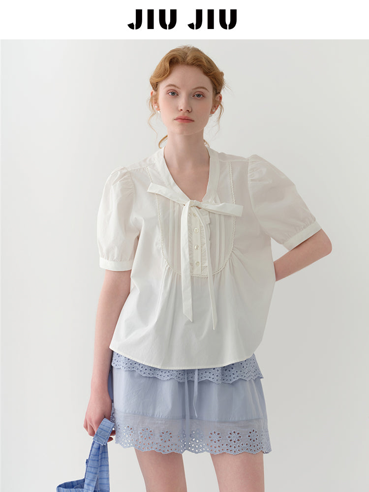 Puff-Sleeve Tie-Neck Pintuck Blouse