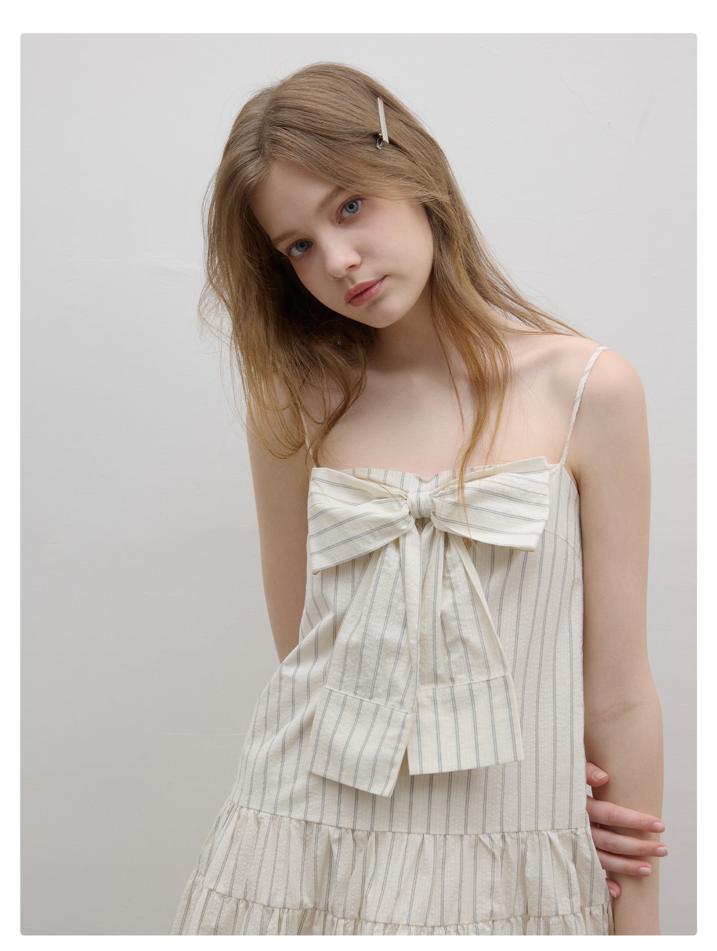 Paneled Stripe Cami Dress With Large Bow