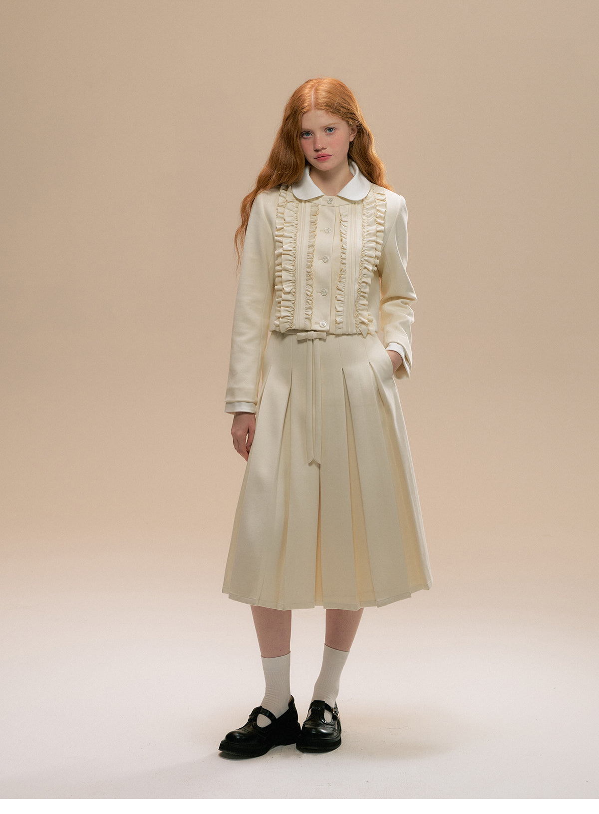 Ruffled Shirt Jacket And Matching Pleated Skirt