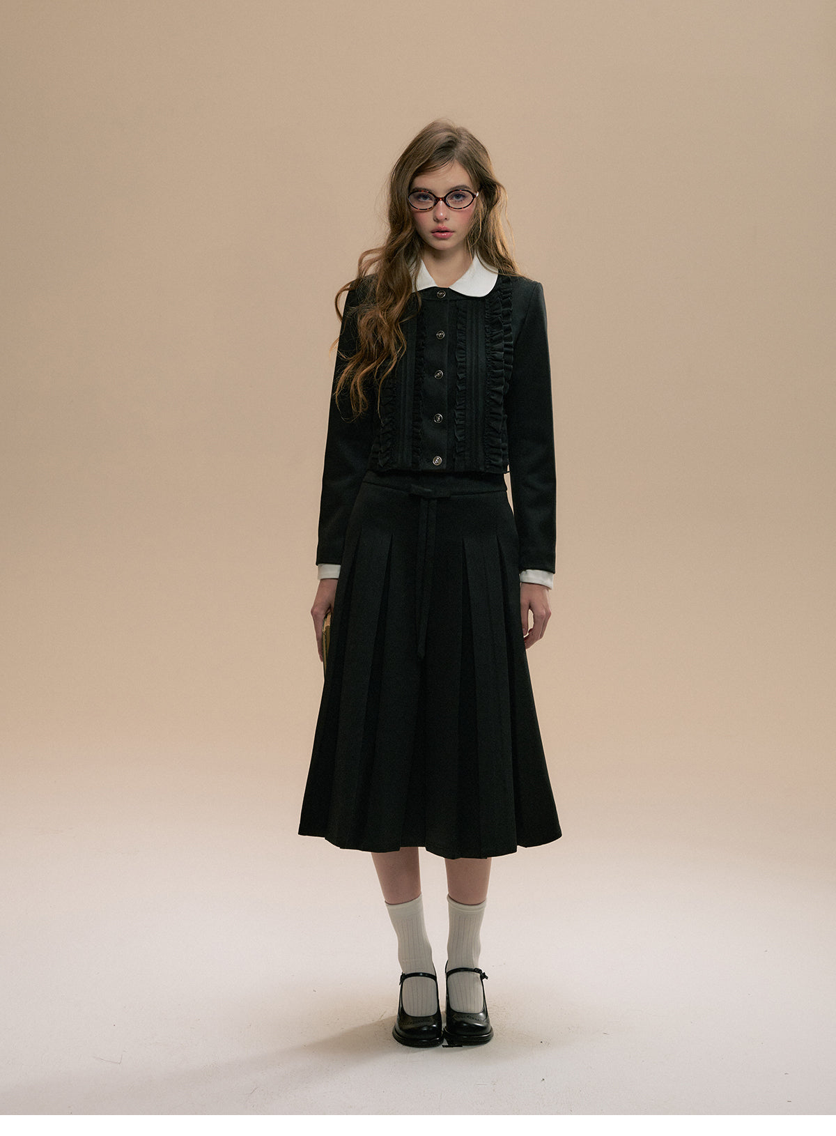 Ruffled Shirt Jacket And Matching Pleated Skirt