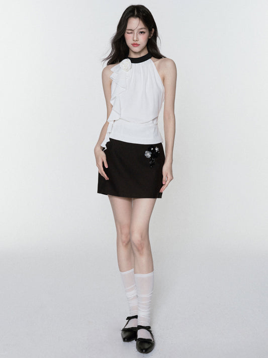 Zip-Up Chiffon Halter Top & Beaded Mini Skirt