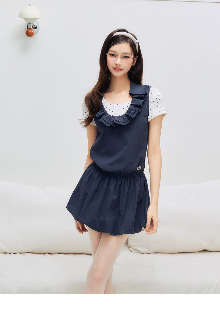 Bubble-Hem Sleeveless Dress With Ruffled Collar