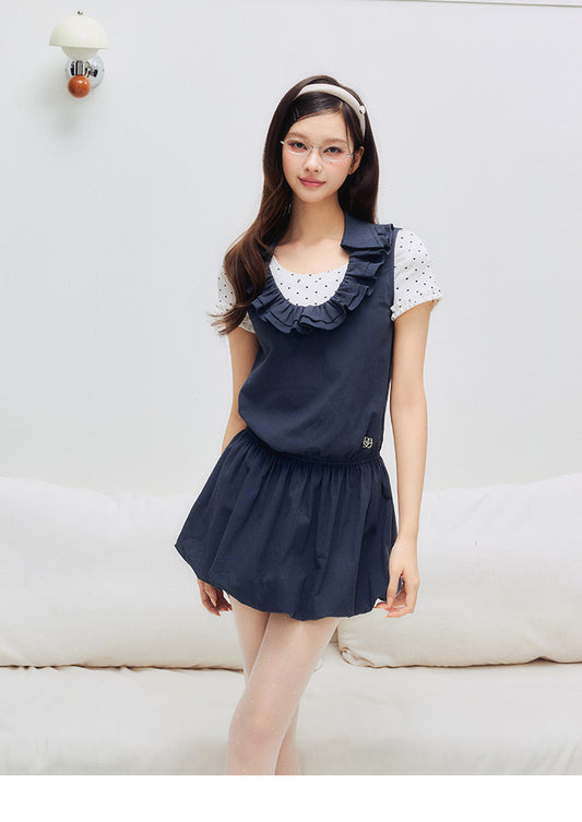 Bubble-Hem Sleeveless Dress With Ruffled Collar