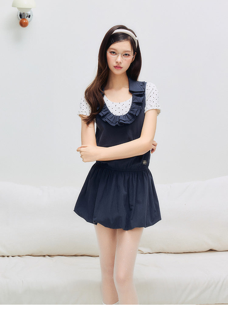 Bubble-Hem Sleeveless Dress With Ruffled Collar