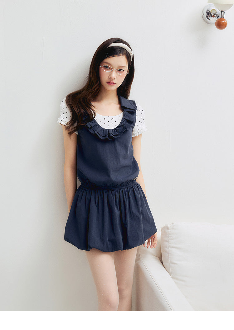 Bubble-Hem Sleeveless Dress With Ruffled Collar