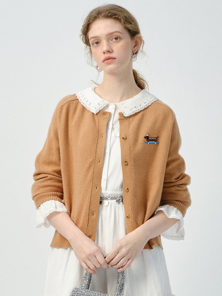 Cozy Knit Cardigan With Playful Puppy Patch