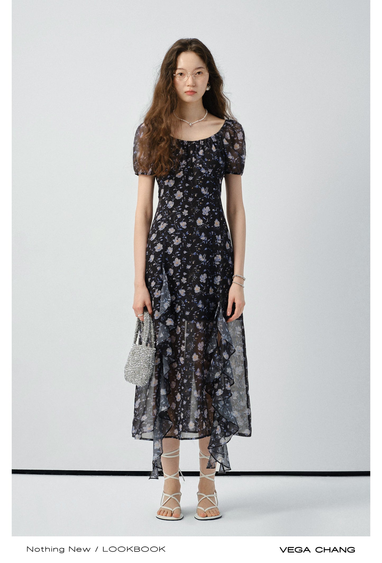 Floral Puff-Sleeve Slit Dress With Ruffled Hem
