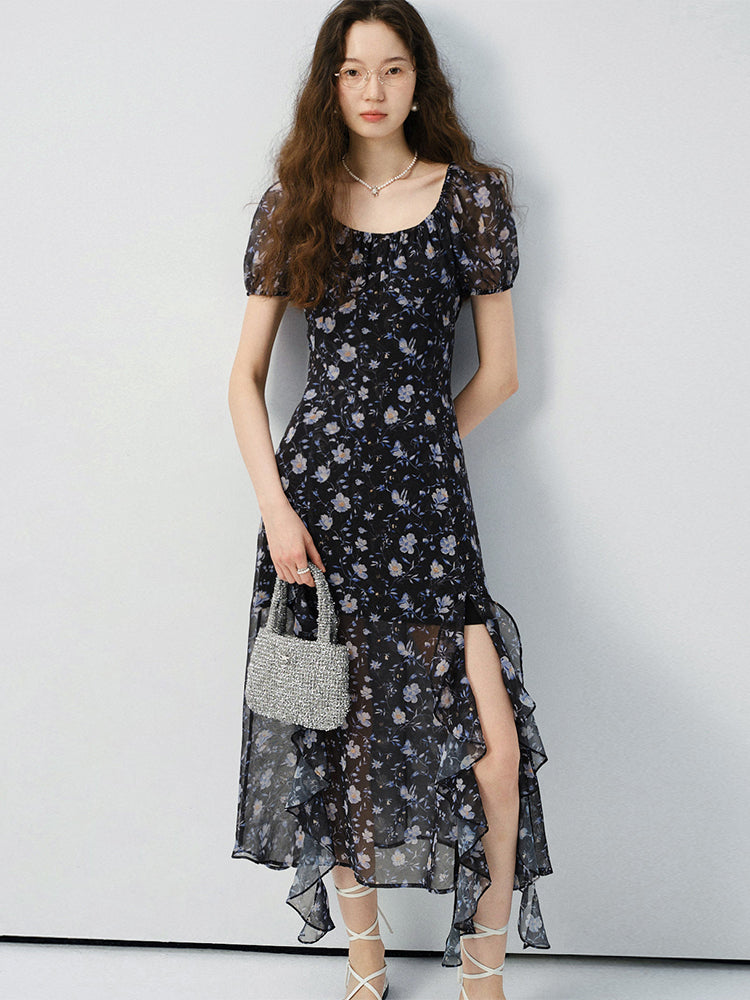 Floral Puff-Sleeve Slit Dress With Ruffled Hem