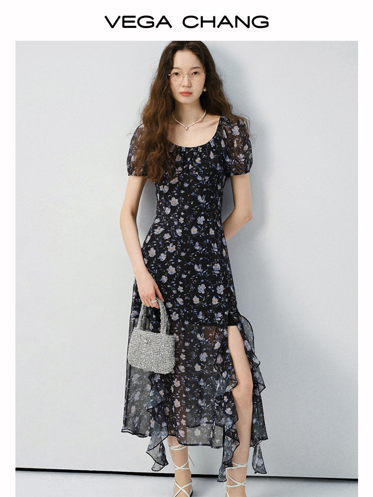 Floral Puff-Sleeve Slit Dress With Ruffled Hem