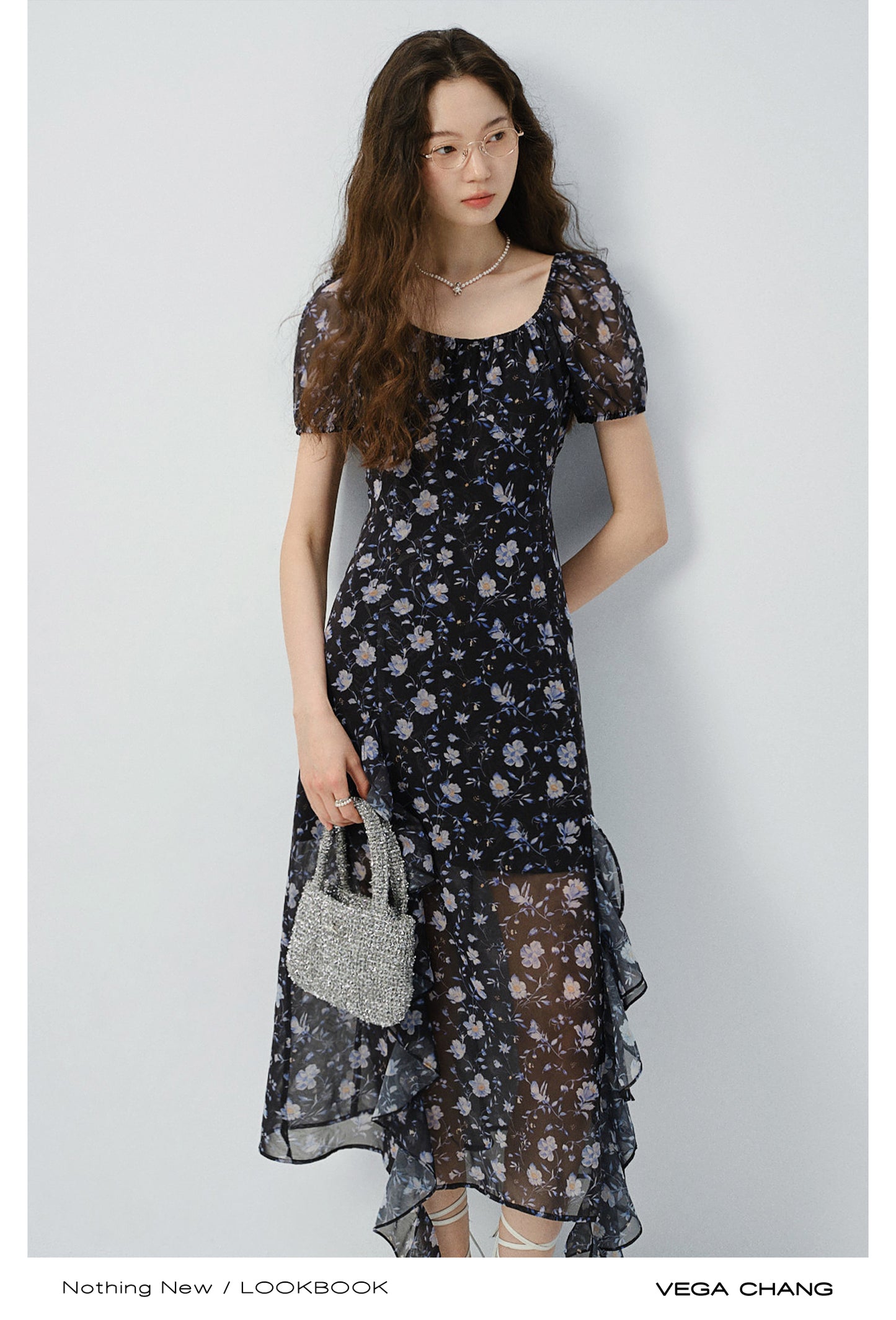 Floral Puff-Sleeve Slit Dress With Ruffled Hem