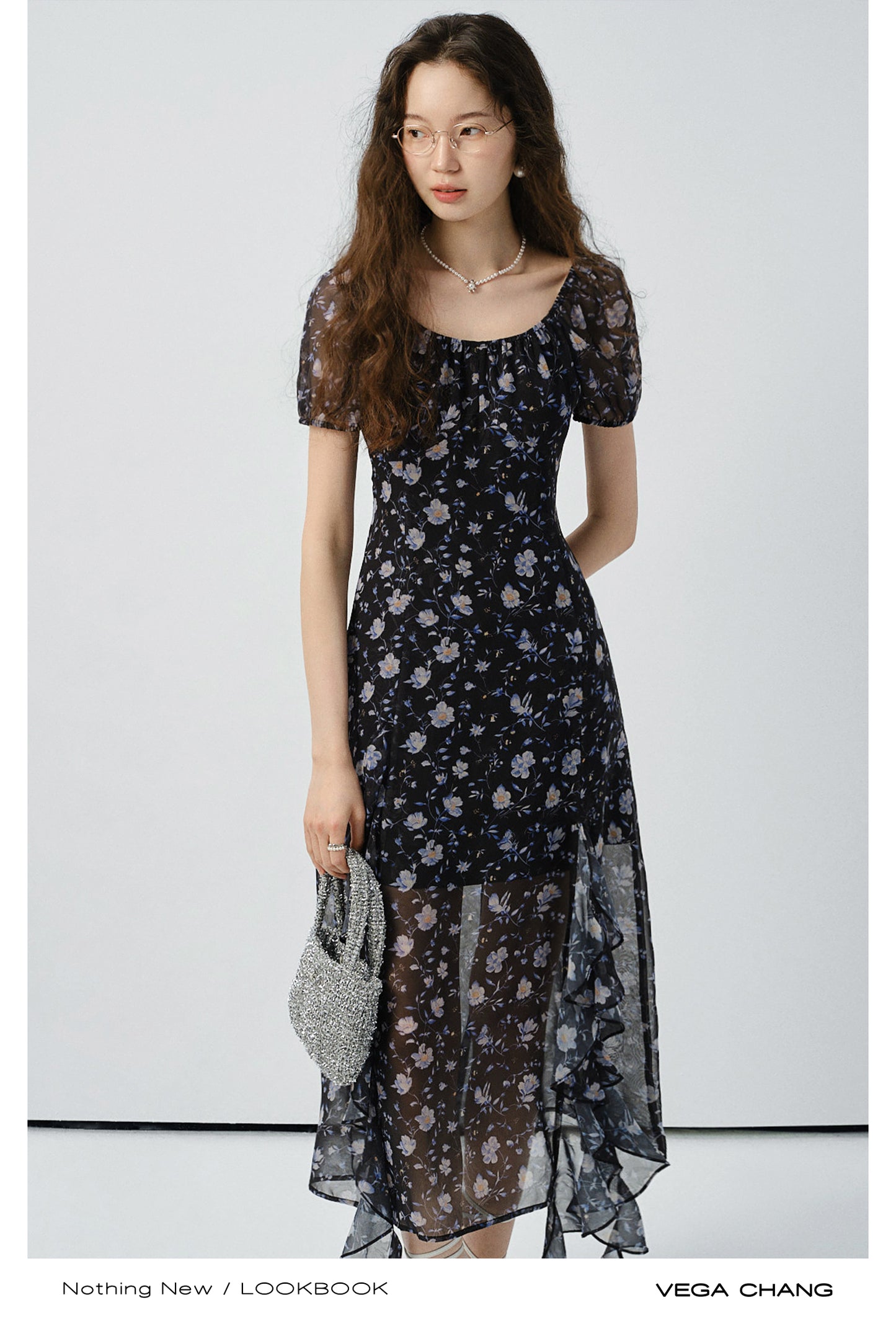 Floral Puff-Sleeve Slit Dress With Ruffled Hem
