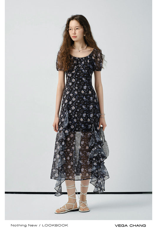 Floral Puff-Sleeve Slit Dress With Ruffled Hem