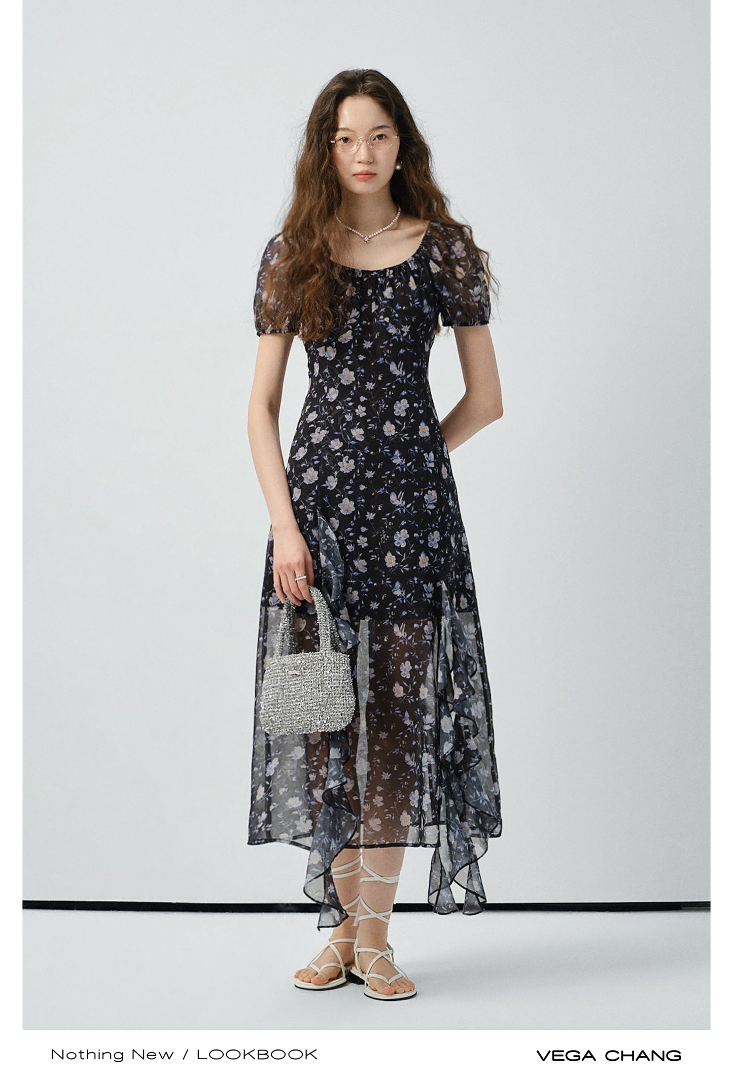 Floral Puff-Sleeve Slit Dress With Ruffled Hem