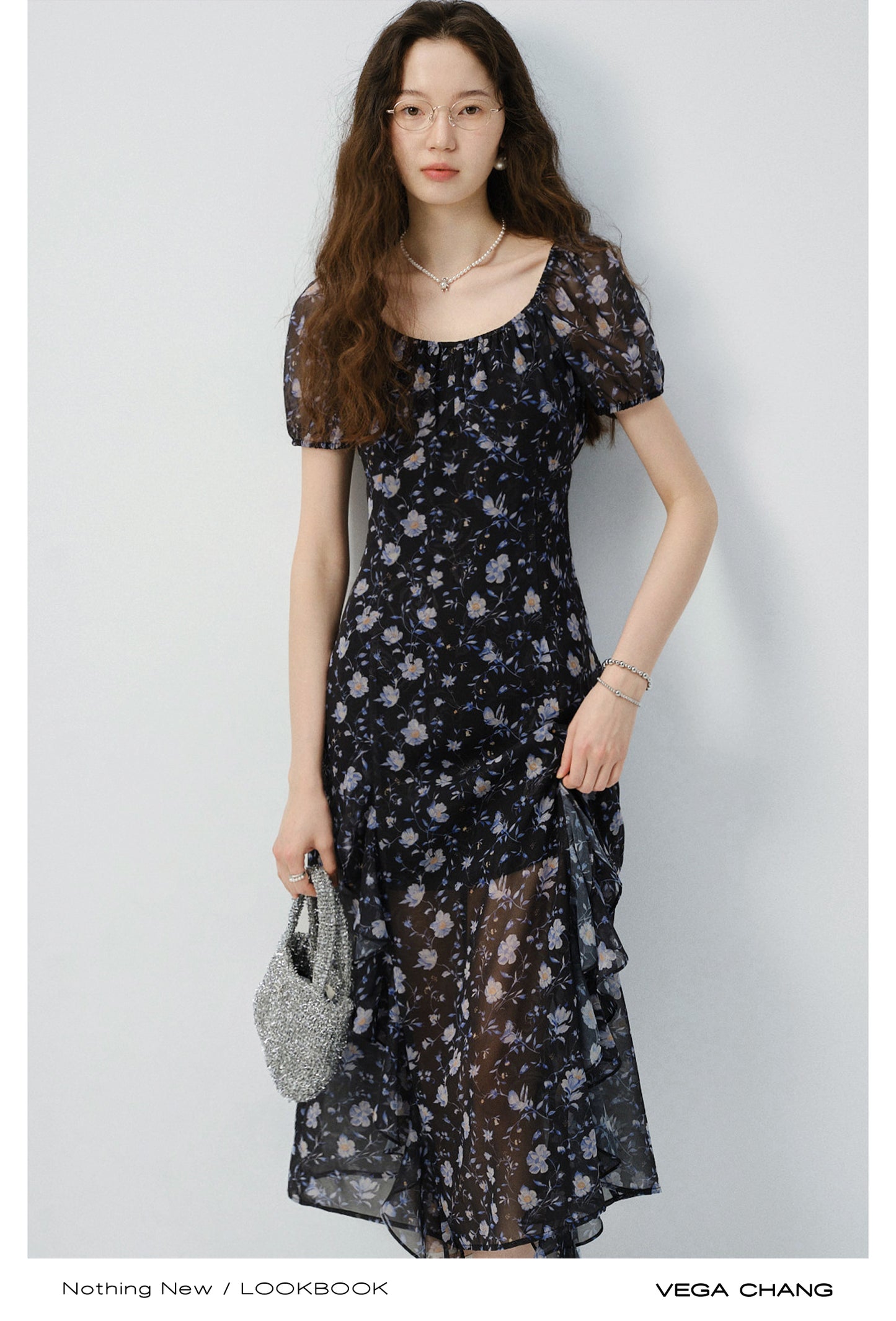 Floral Puff-Sleeve Slit Dress With Ruffled Hem