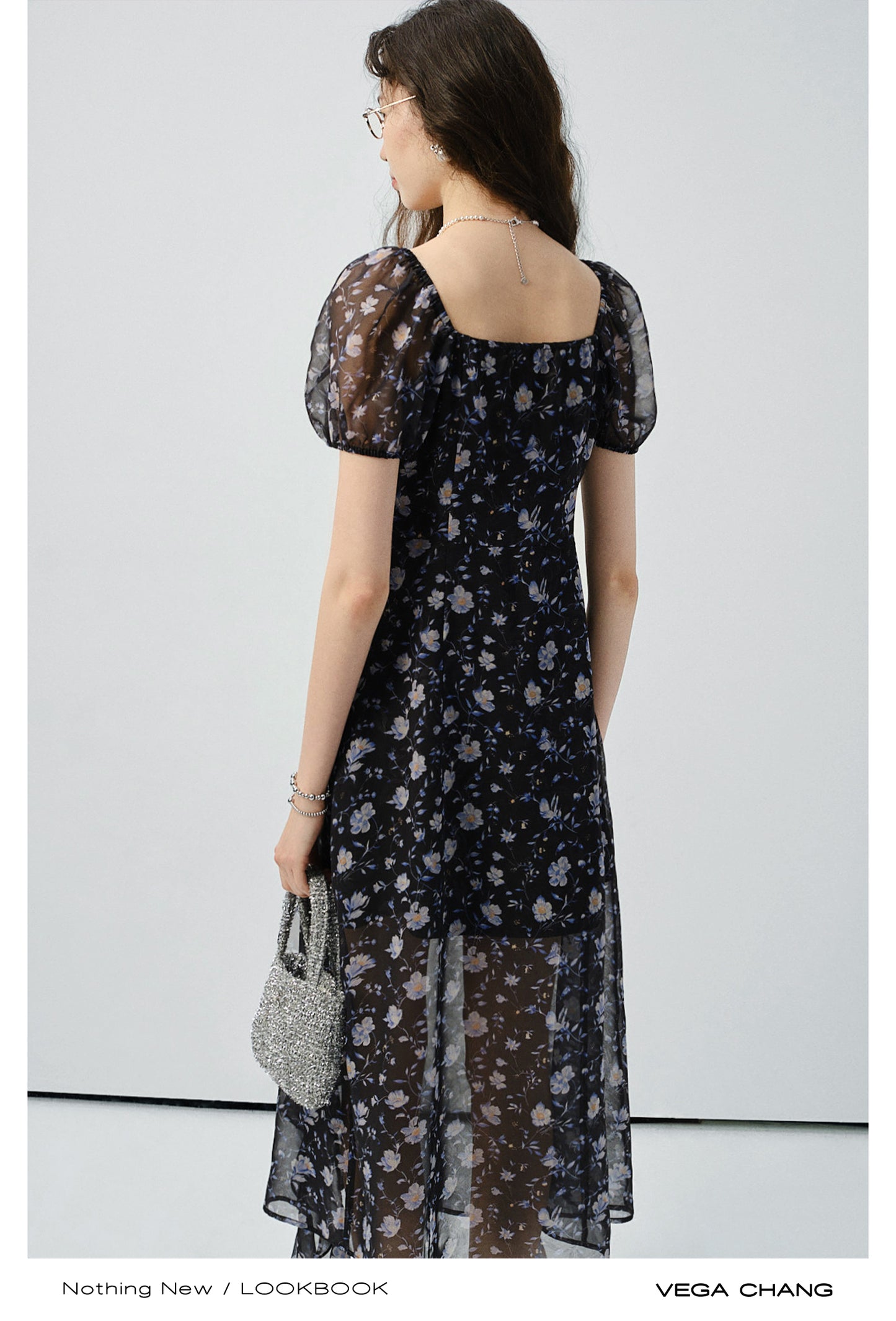 Floral Puff-Sleeve Slit Dress With Ruffled Hem