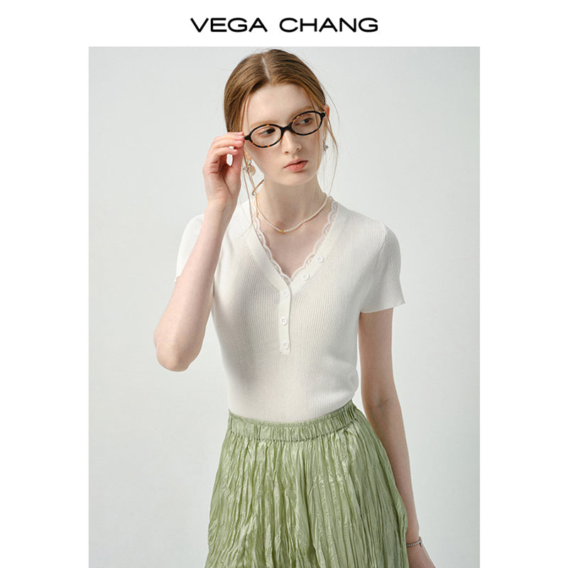 Fitted Lace-Trimmed Rib T-Shirt