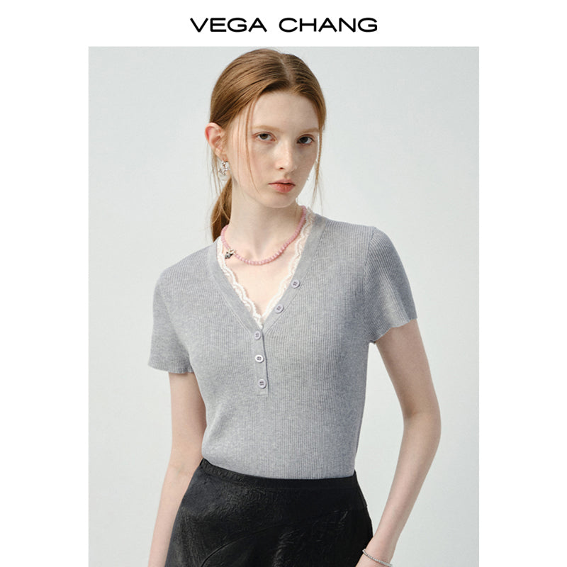 Fitted Lace-Trimmed Rib T-Shirt