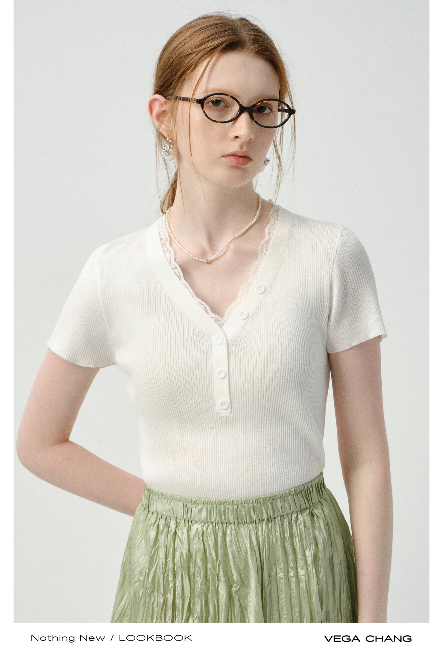 Fitted Lace-Trimmed Rib T-Shirt