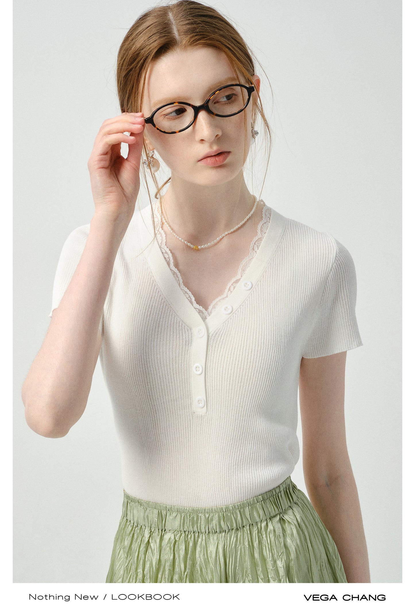 Fitted Lace-Trimmed Rib T-Shirt