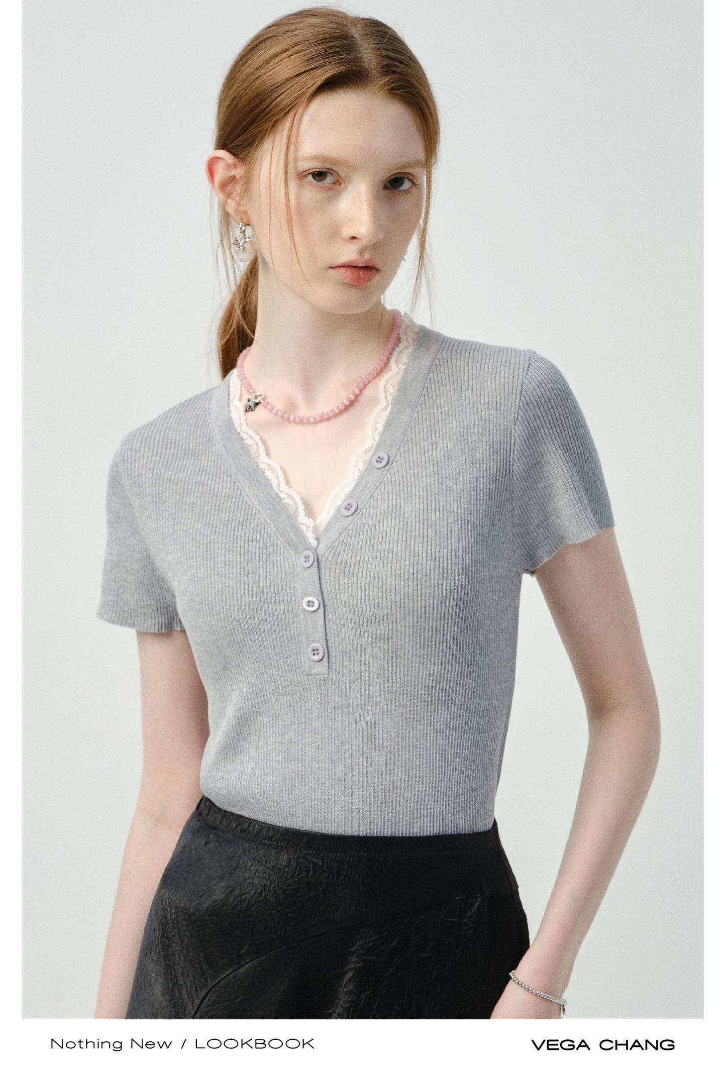 Fitted Lace-Trimmed Rib T-Shirt