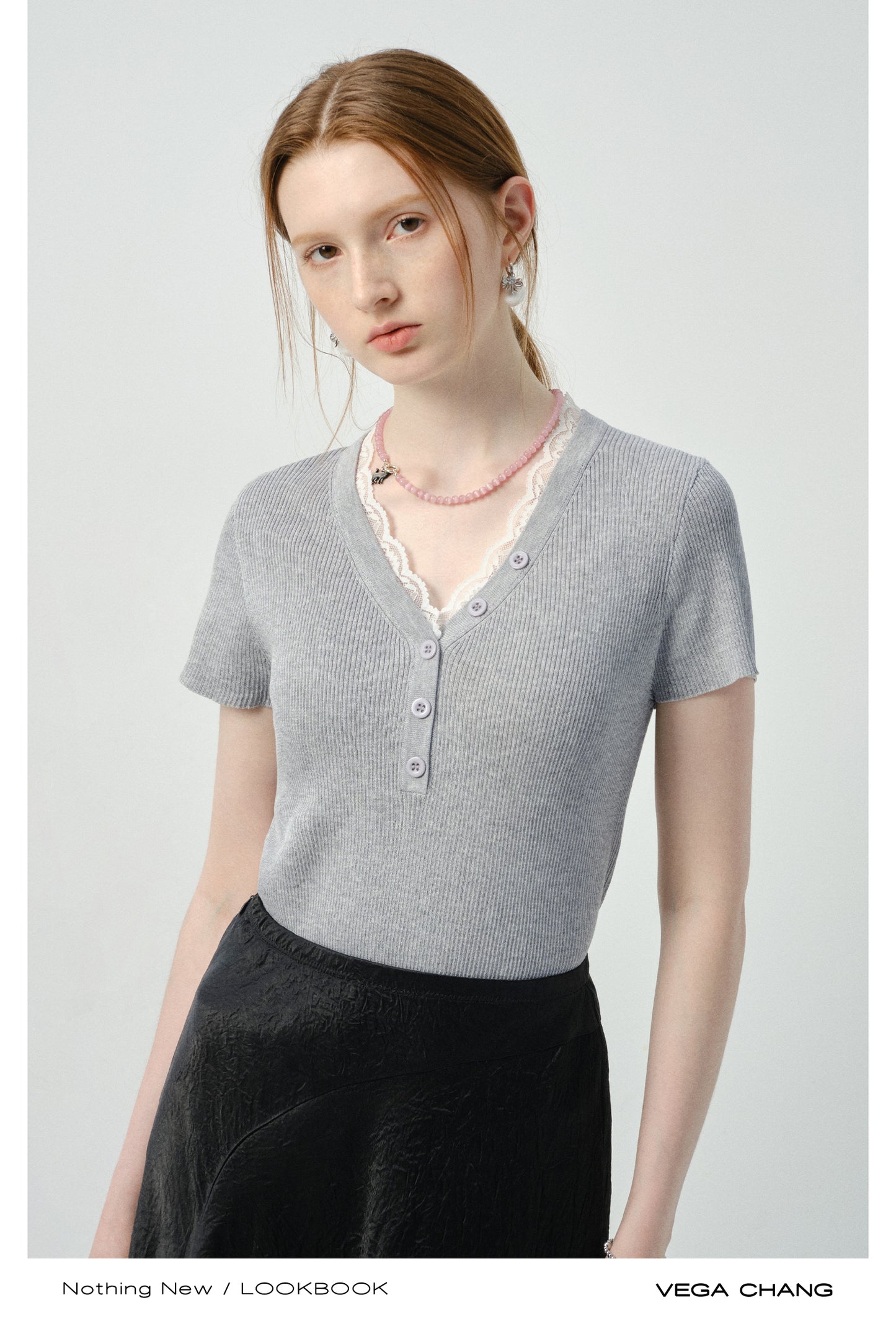 Fitted Lace-Trimmed Rib T-Shirt