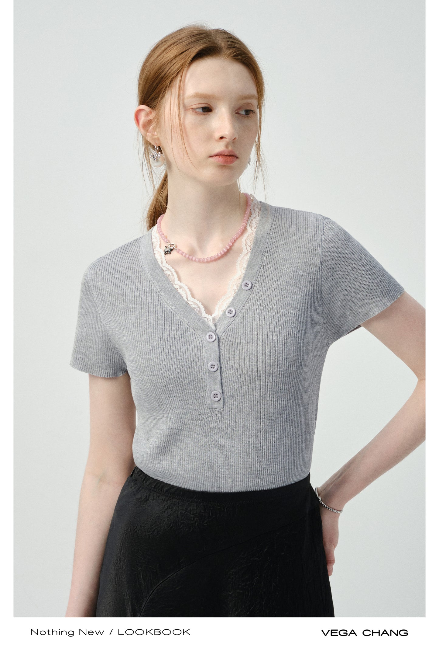 Fitted Lace-Trimmed Rib T-Shirt